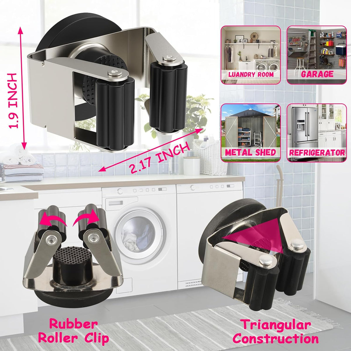 4 Pack Magnetic Mop Broom Holder, Heavy Duty Magnetic Mop Hanger for Refrigerators, Magnetic Mount Mop Broom Holder for Laundry Room Garage Kitchen Workshops Metal Shed