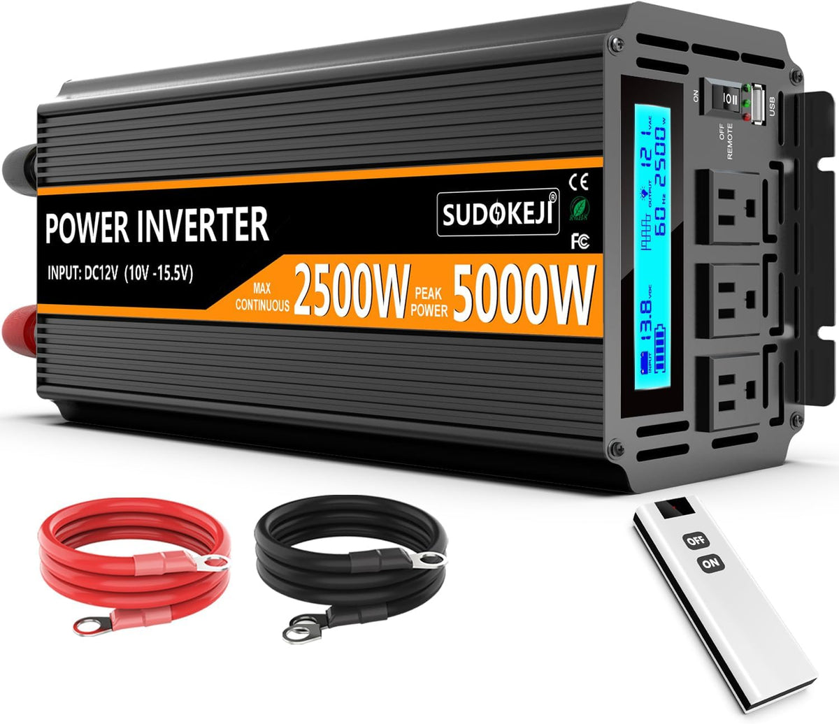 SUDOKEJI 2500W Power Inverter 12V DC to AC 110V/120V (Peak) 5000W Converter 3 sockets car Inverter with Remote Control and LED Display 3.4v USB Port