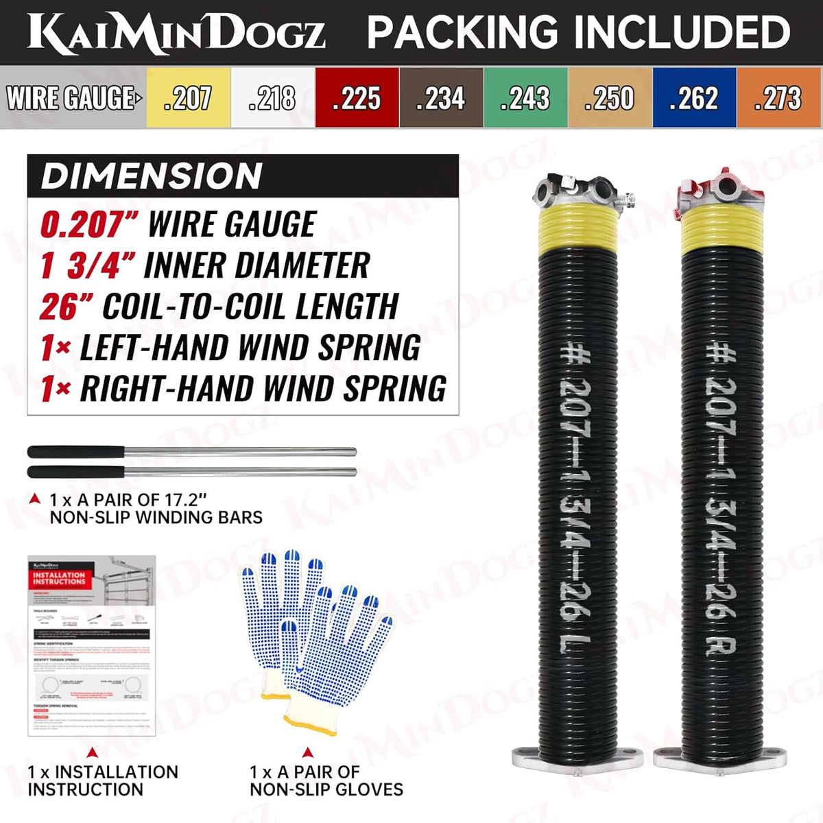 Pair of 1.75" Garage Door Torsion Springs Set with Non-Slip Winding Bars&Gloves, High Precision Electrophoresis Oil-Free Black Coated for Replacement, MIN 16,000 Cycles (0.207 x 1.75"x 26")