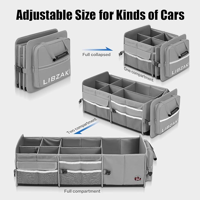 LIBZAKI Oversize 4 in 1 Car Trunk Storage Organizer, Multi Compartment Collapsible Trunk Storage Box with Cooler Bag for Car Truck SUV-Gray