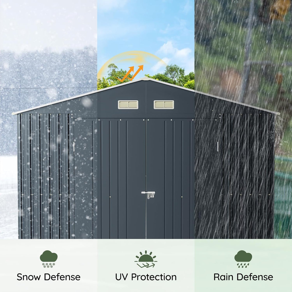 10x12 FT Outdoor Metal Storage Shed, Double Swing Doors, 2 Clear Windows, Replaceable Skylight Roof Panel, Tool Shed for Garden, Patio, Backyard