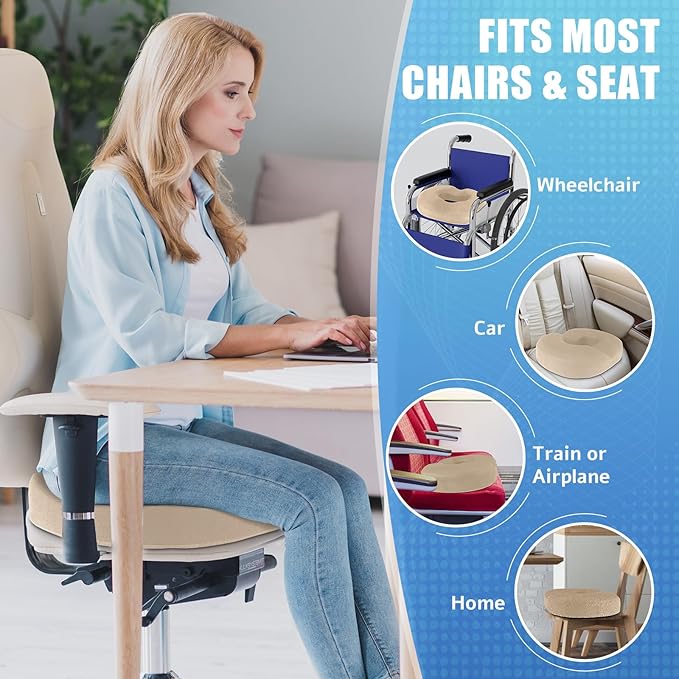 BlissTrends Donut Pillow Seat Cushion, Donut Chair Cushions for Postpartum Pregnancy&Hemorrhoids, Tailbone Pain Relief Cushion, Memory Foam Lifting Cushions for Office & Home Chairs (Khaki, XX-Large)