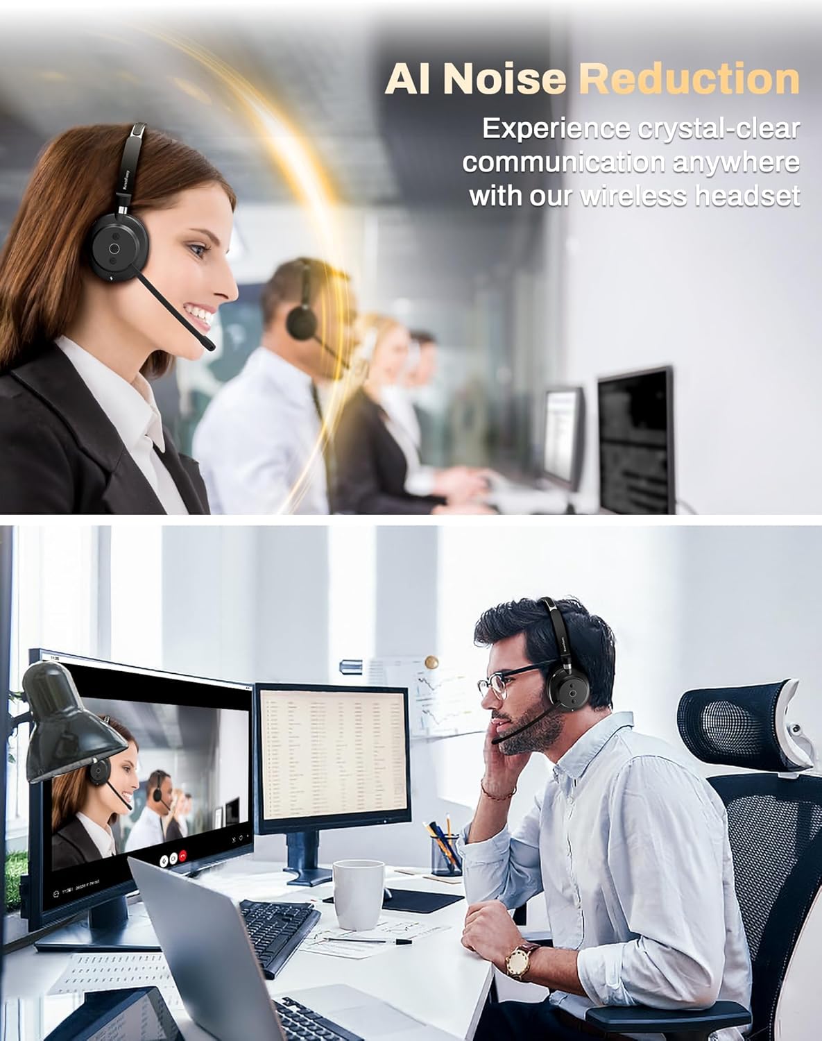 Wireless Headset with Mic for Work, Bluetooth 5.3 Headphones with Microphone, Headset with Microphone for PC, Wireless Headphones with Charging Base for Office, Call Center, Cell Phones