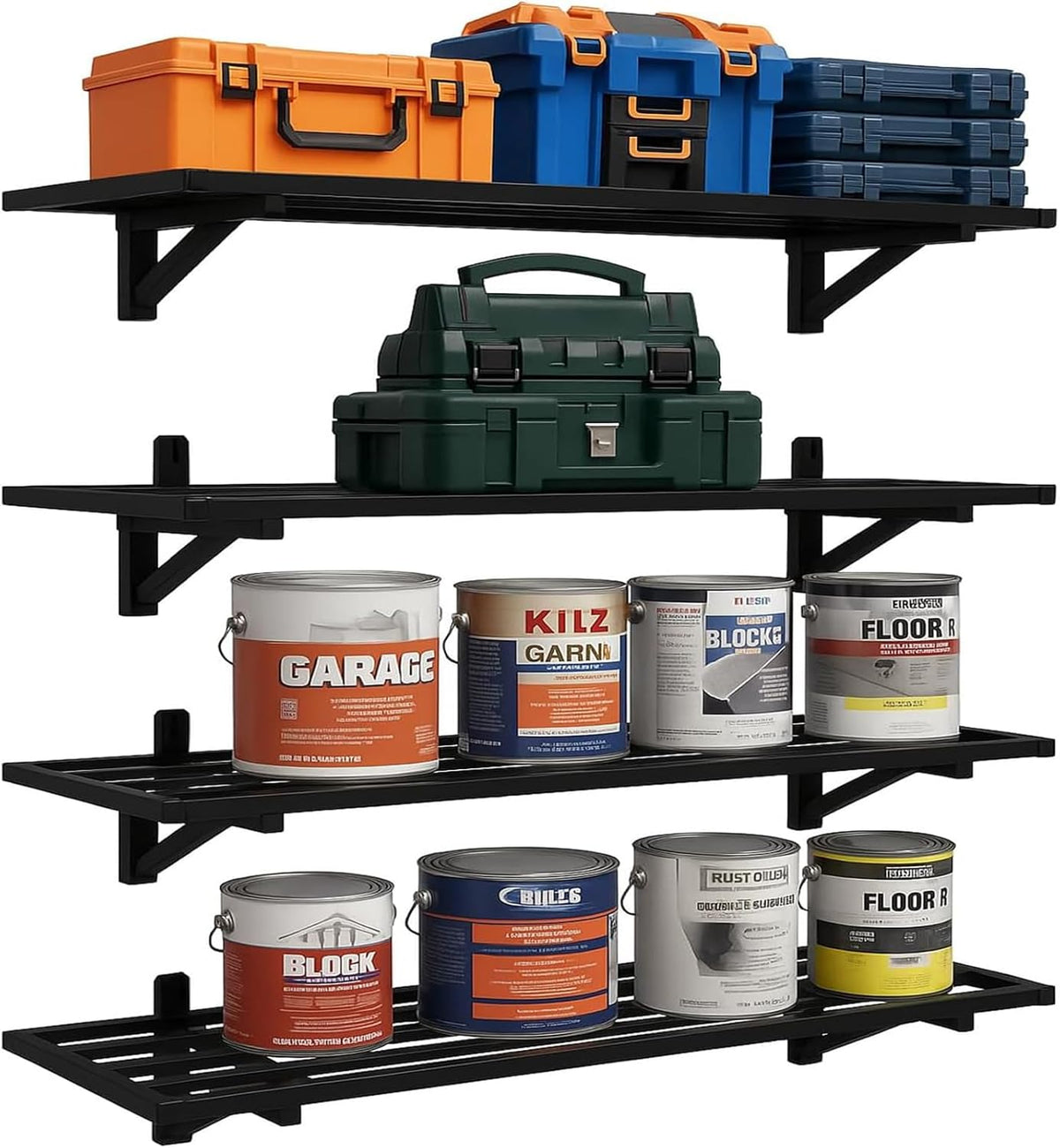 4-Pack 1.5x4ft Garage Shelving Wall Mounted, 1200lbs Load Capacity, Heavy Duty Garage Storage Shelves, Storage Rack, Black