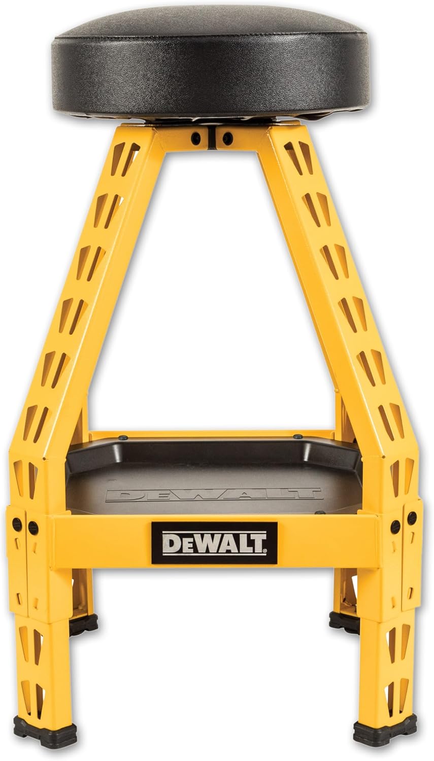 DEWALT Heavy-Duty Metal Stool for Garage and Shop, 360 Swivel Seat, Storage Tray, Padded Rip-Resistant Seat, Steel Frame, Industrial Powder Coating