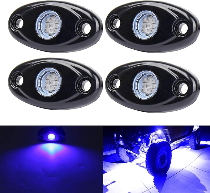 Blue LED Rock Lights, 4 Pods Neon 12V Waterproof Underglow Underbody Kit Crawler Crawling Dome Exterior Wheel Lights for ATV RZR UTV SUV Off-Road Auto Boat Motorcycle Glow Trail Rig Fender Lamp