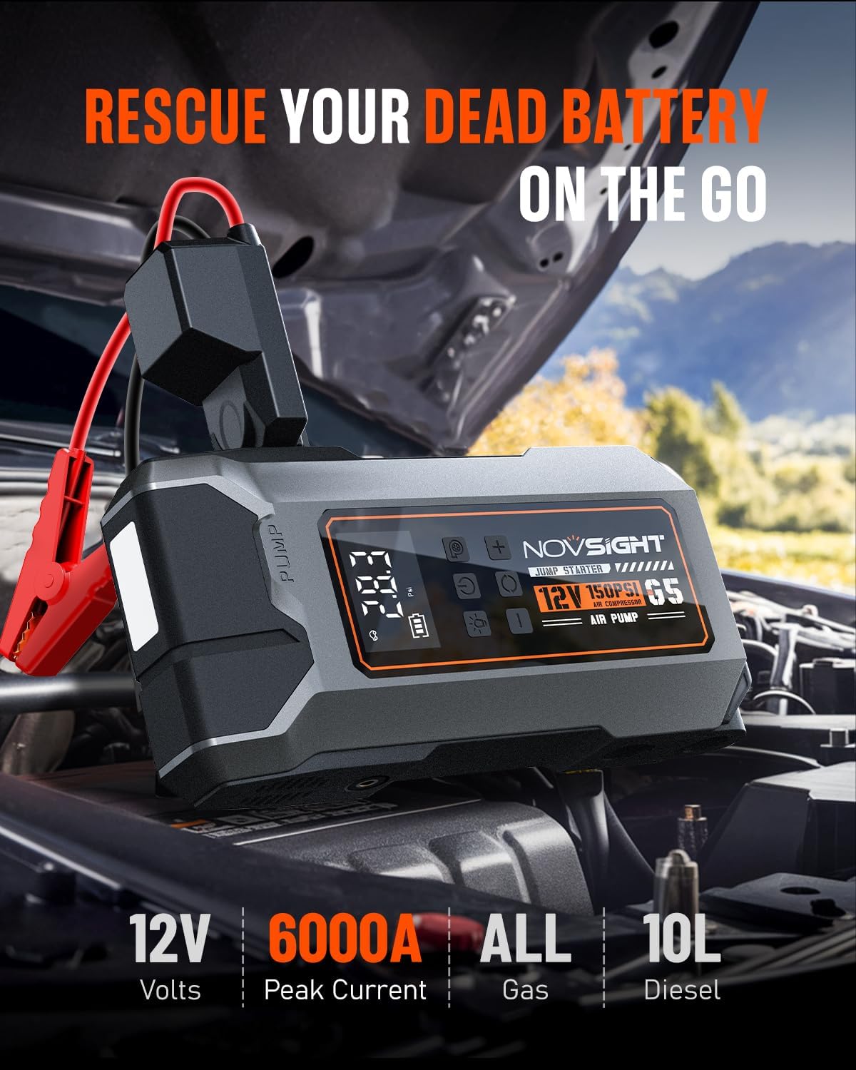 NOVSIGHT Jump Starter With Air Compressor - 6000A 13-in-1 Portable Jump Box for Car Battery, 12V Jump Starter Power Pack(ALL Gas/10L Diesel) 150PSI Auto-Shut Tire Inflator & Air Inflator/Deflator Pump