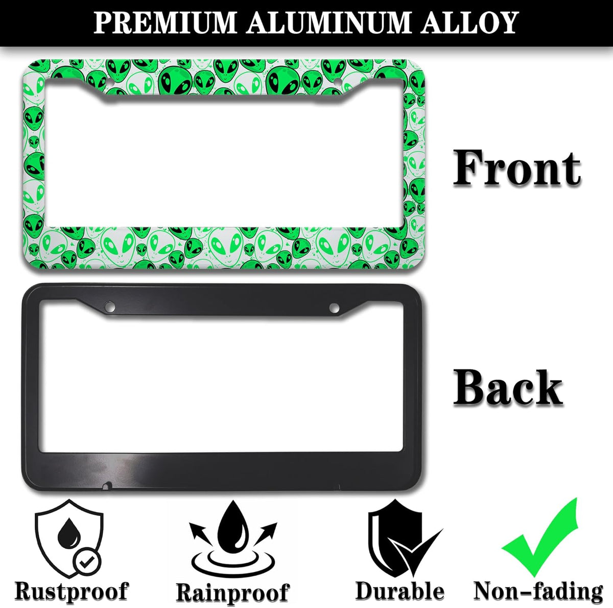 License Plate Covers for Men Green License Plate Frames for Women Alien Universal Aluminum Car Accessory 2 Pack with Screw Covers Set