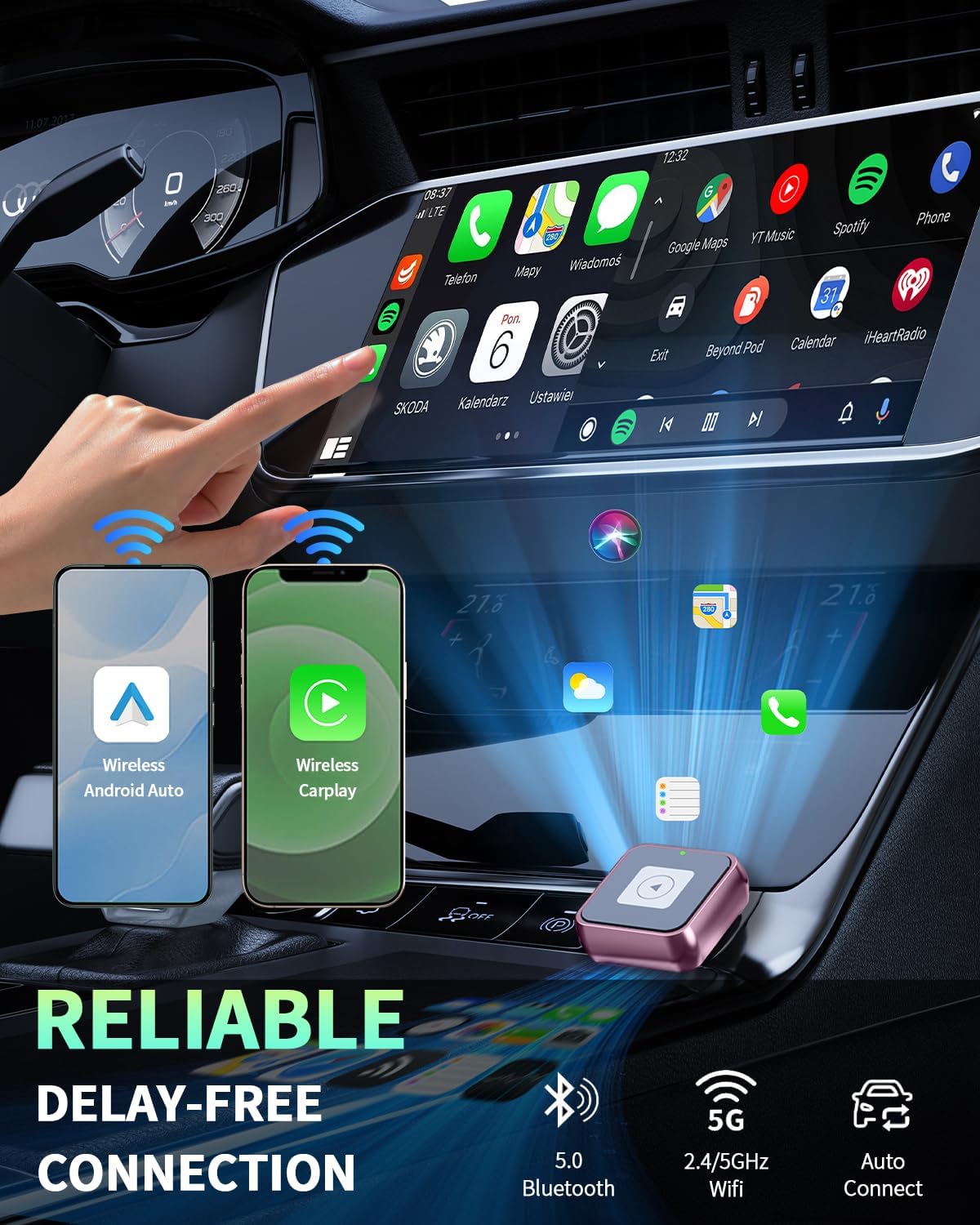 Wireless CarPlay & Android Auto Adapter 1-Inch (2.54cm) - Discreet Plug & Play, Stable 5G Connection for Music/Navigation, Works with iPhone iOS 10+ & Android 11,for 98% of Cars (2016-2025) (Pink)