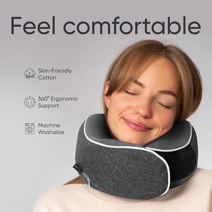 Proglobe Travel Neck Pillow 100% Memory Foam – Airplane & Car Travel Essentials Kit with 3D Eye Mask, Earplugs & Mesh Bag – Sleeping Support Pillow for Adults (Dark Grey)