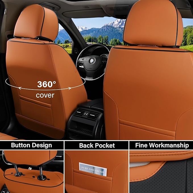 Coverado Car Seat Covers Full Set, Breathable Nappa Leather Seat Covers for Cars, Automotive Seat Covers, Waterproof Front and Back Car Seat Protector Universal Fit Most Cars(Brown&Black)