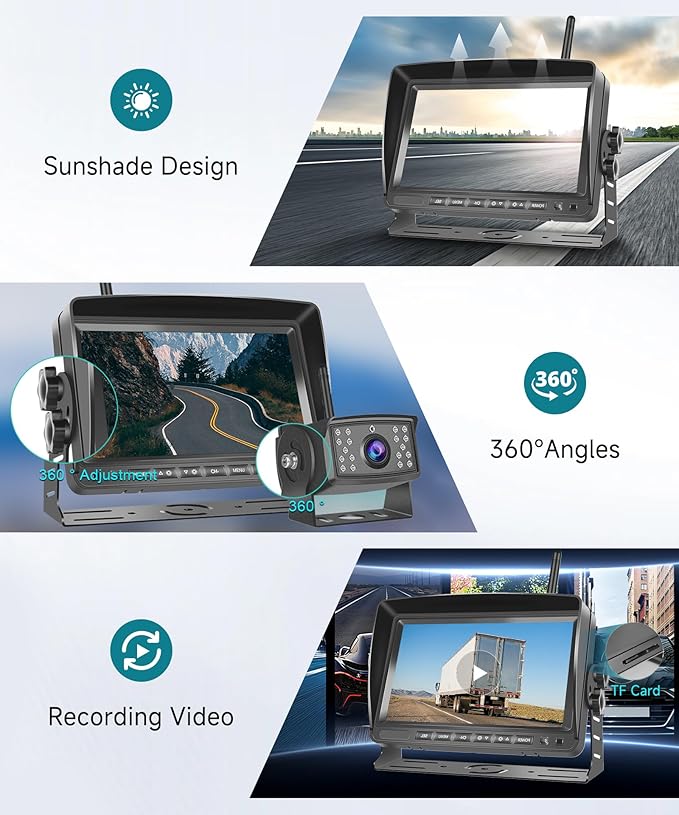Wireless Backup Camera for RV, 7" IPS Monitor Kit+ 2 AHD Rear View Camera Waterproof Night Vision DVR Recording, Wireless Reverse Camera 12V-36V for Truck/Trailer/RV/Camper/Excavator/Caravan