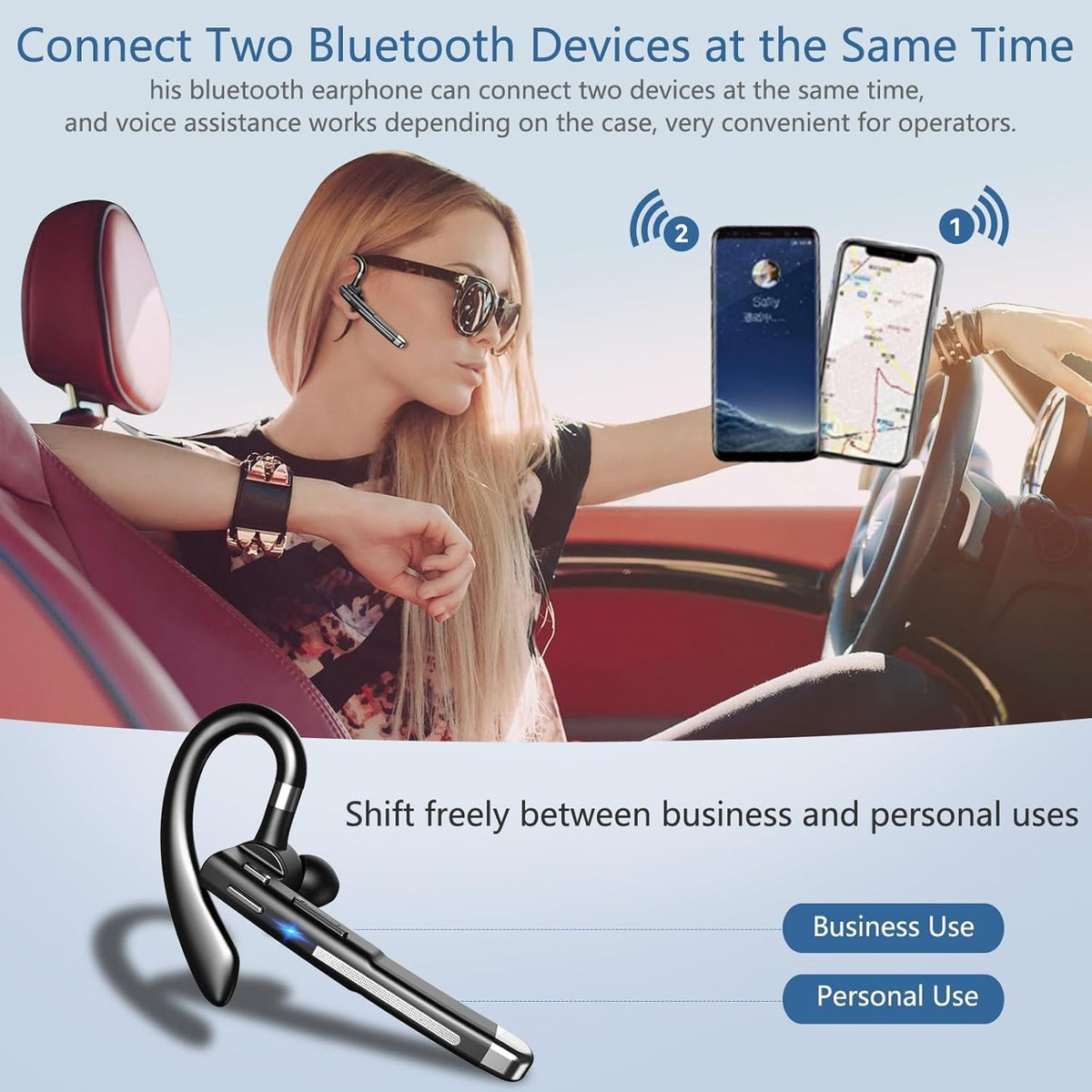 Bluetooth Headset, Wireless Bluetooth Earpiece with mic Trucker Headset for Phone Case Office Phones Built-in Microphone Headphones Manos Libres Noise Cancelling(Black+Silver)
