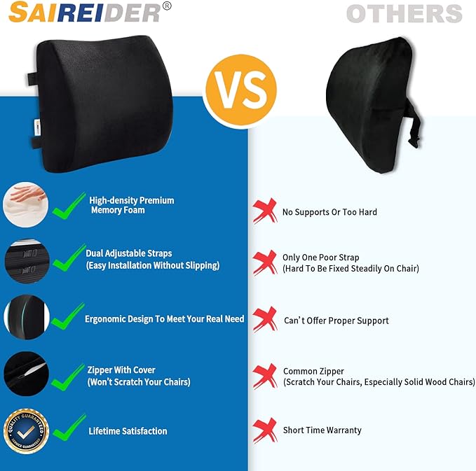 SAIREIDER Comfortable Lumbar Support Pillow for Office Chair, Memory Foam Back Support Pillows for Car、Gaming Chair、 Home Chair, Back Pain Relief Improve Posture, Double Adjustable Straps(Black)