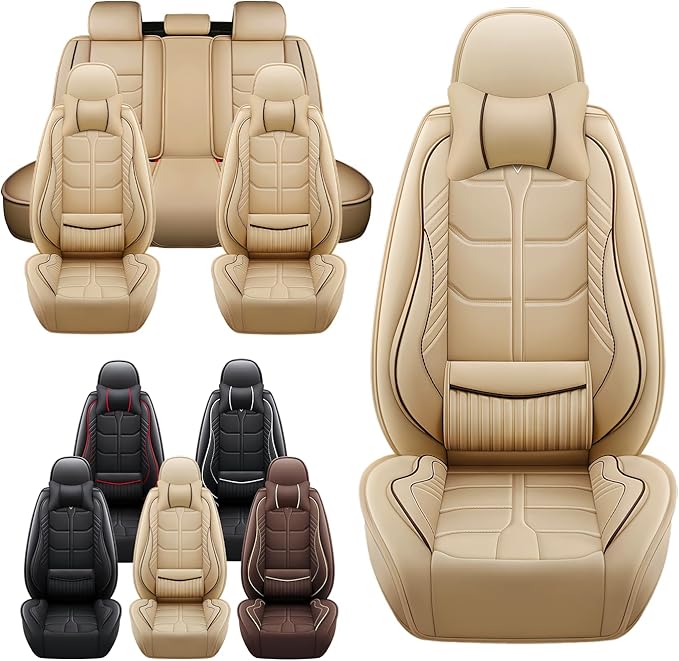 Leather Car Seat Covers Fit for Toyota Sequoia 2001-2024, 5 Seater Car Seat Cover, Premium Waterproof, Scratch Resistant Car Interior Accessories (Full Set with Pillow Beige)