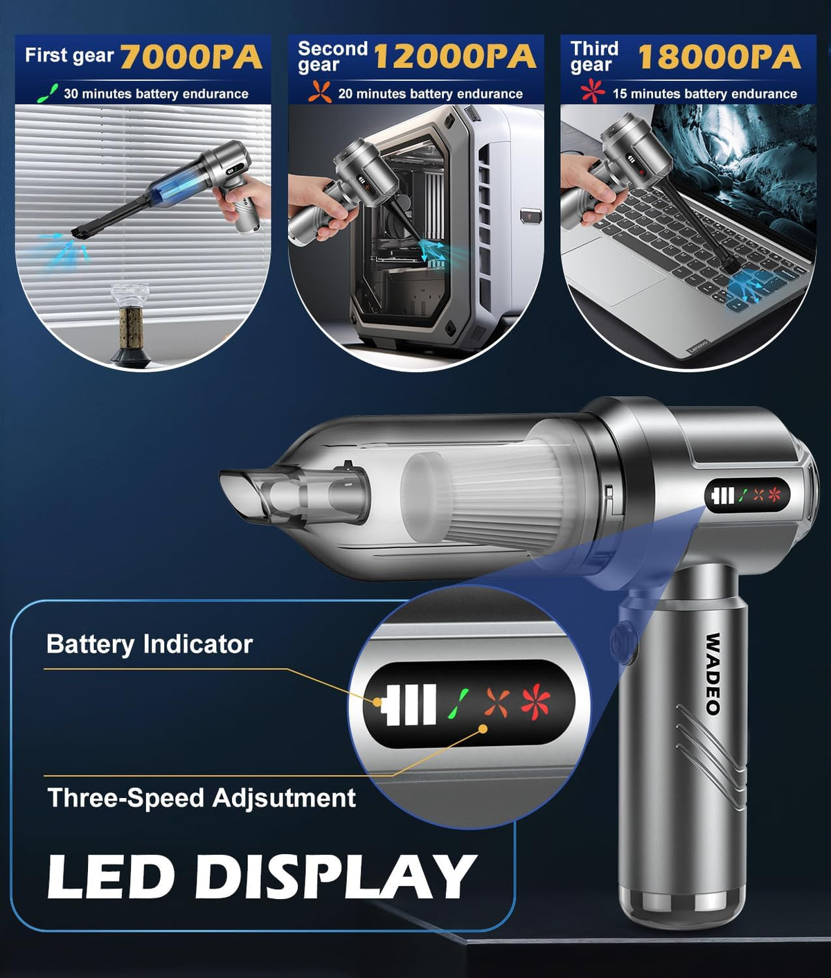 WADEO Car Vacuum Portable Cordless 18000PA, 4-in-1 Handheld Vacuum Cleaner and Air Duster with LED Display & Multi-Nozzles, Mini Hand Held Vacuum Rechargeable for Home, Car, Office, Pet Hair