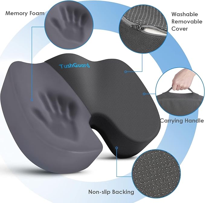 TushGuard Seat Cushion for Office Chair Memory Foam Non-Slip Cushion Back, Coccyx, Sciatica, Tailbone Pain Relief Butt Pillow for Office Chair, Car, Wheelchair, Grey, X-Large