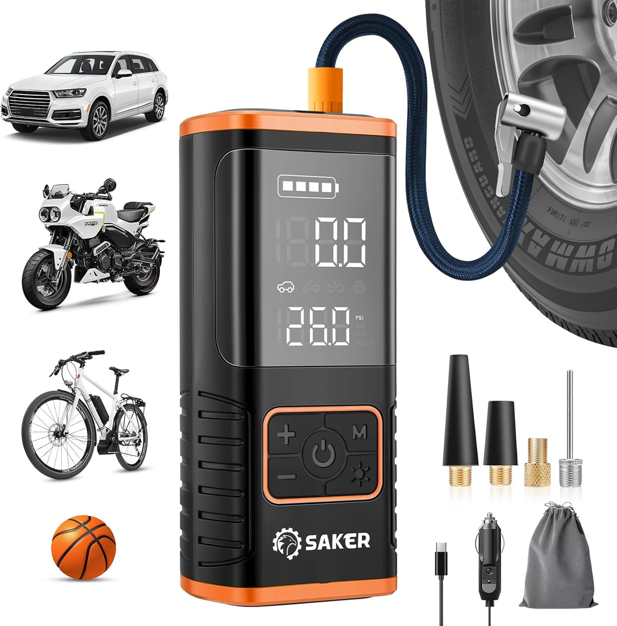 Saker Tire Inflator Portable Air Compressor - 150PSI Car Tires Air Pump with Tire Pressure Gauge Led Light, 7500mAh Battery & 12V DC Smart Tire Inflator for Car, Motorcycle, Bike Tire, Ball