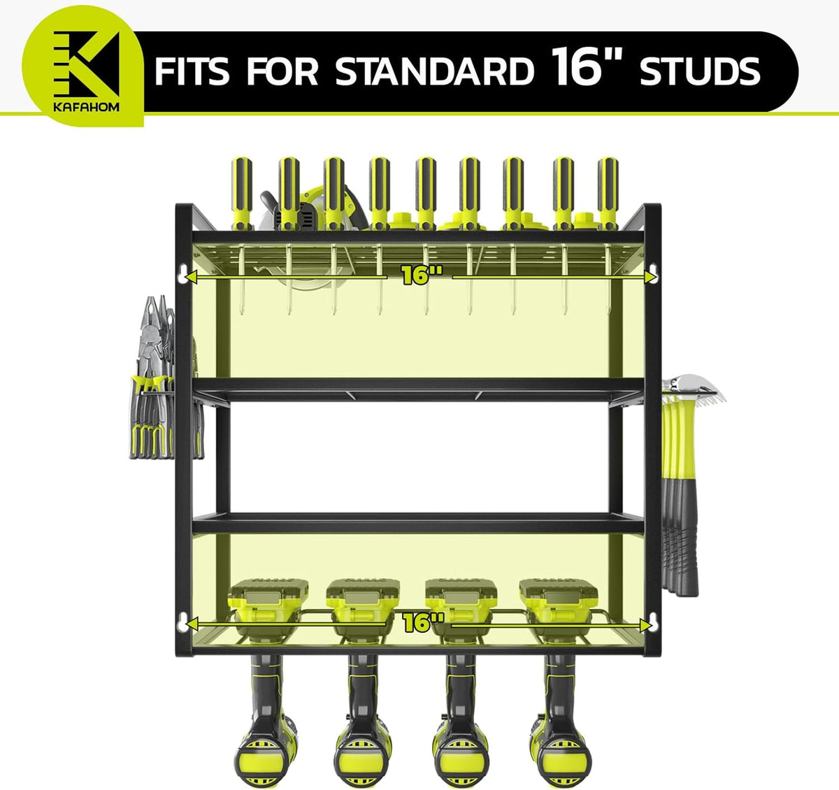 KAFAHOM Power Tool Organizer, Garage Tool Organizers and Storage,Drill Holder Wall Mount, Storage Rack for Cordless Drill, Heavy Duty Tool shelf with Screwdriver Holder/Pliers Holder/Hammer Holder