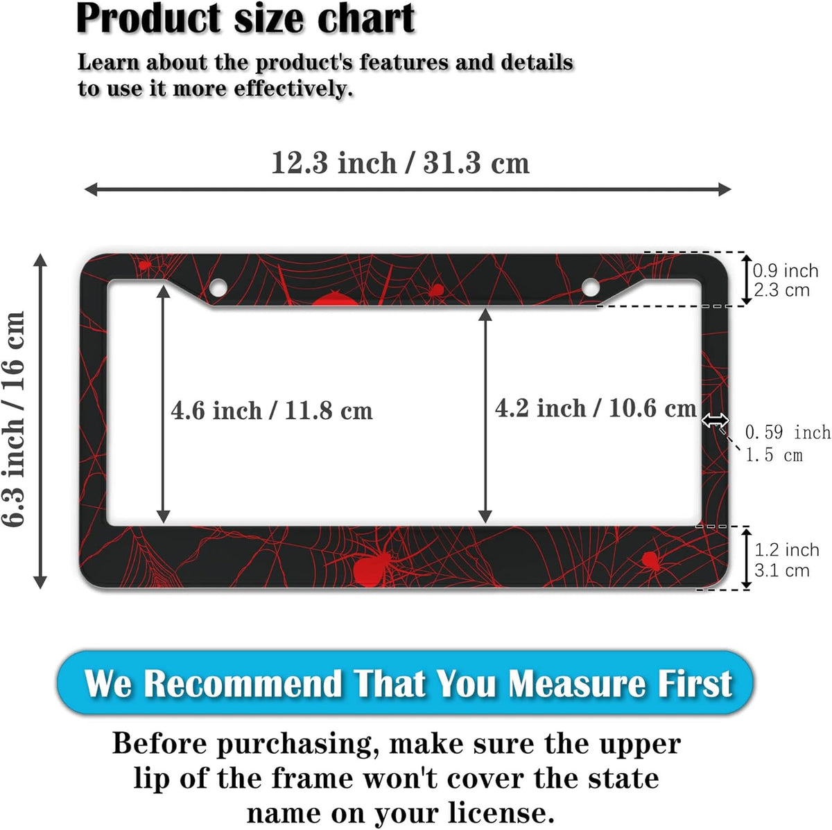 Custom License Plate Frame Red and Black License Plate Frames Red Spider Web Universal Aluminum Car Accessory 2 Pack with Screw Covers Set