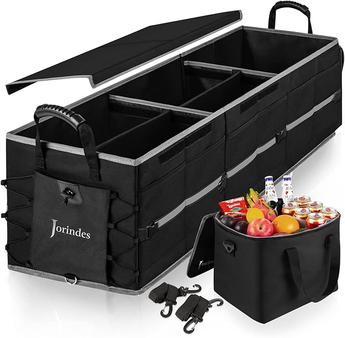 Collapsible Trunk Organizer for Car with Insulated Leak proof Cooler Bag, 3 Compartments SUV Cargo Organizer Removable Dividers, 5 in1 Car Storage Organizer with Foldable Lid,2 Tie-Down Straps(Black)