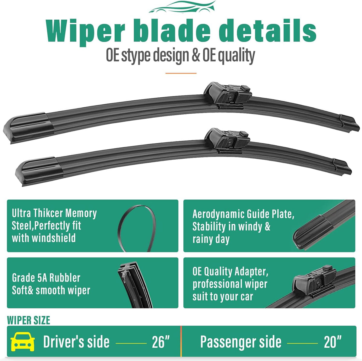 26" 20" 14" Windshield Wiper Blades Replacement for Volvo XC60 2012 2013 2014 2015 2016 2017 Premium All Weather Front Rear Wipers Set - OEM Quality (Pack of 3)