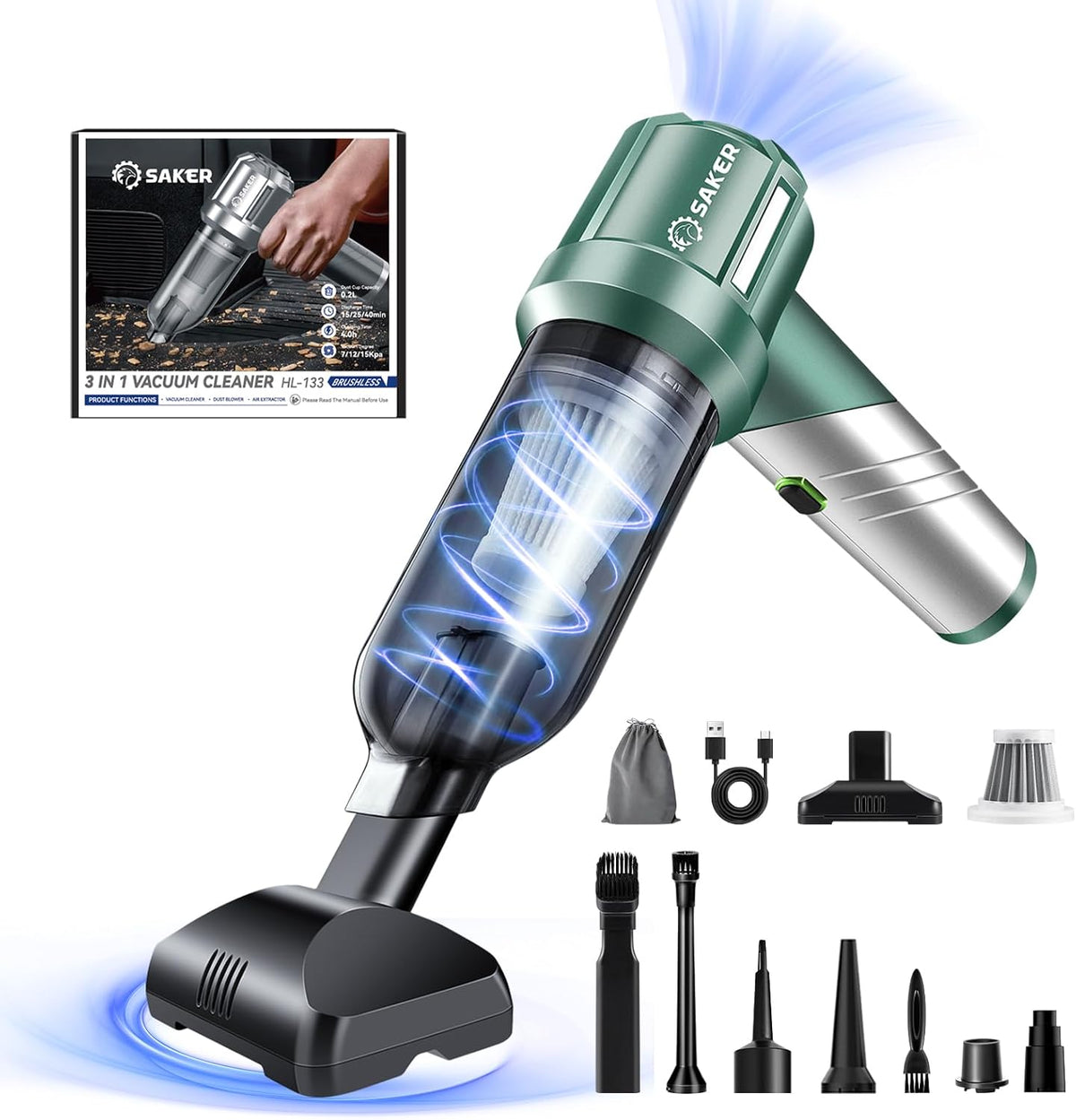 Saker Foldable Handheld Car Vacuum Cleaner Portable Cordless, 17000PA High Power Mini Vacuum Cleaner and Air Duster with Brushless Motor for Home,Cars,Office Cleaning HL133 Olive Green