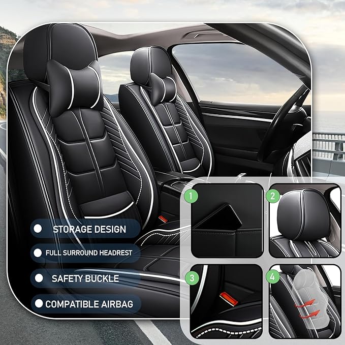 Leather Car Seat Covers Fit for Toyota Corolla 1997-2024, 5 Seater Car Seat Cover, Premium Waterproof, Scratch Resistant Car Interior Accessories (Full Set with Pillow Black White)