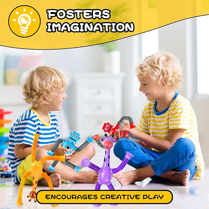 8pc Robot Giraffe Sensory Travel Toys for Toddlers Boy Ages 3 4 5 6 7 8, Airplane Activities Suction Autism Pop Tube Fidget Autistic Stocking Easter Basket Stuffer Valentine Gift for Kids