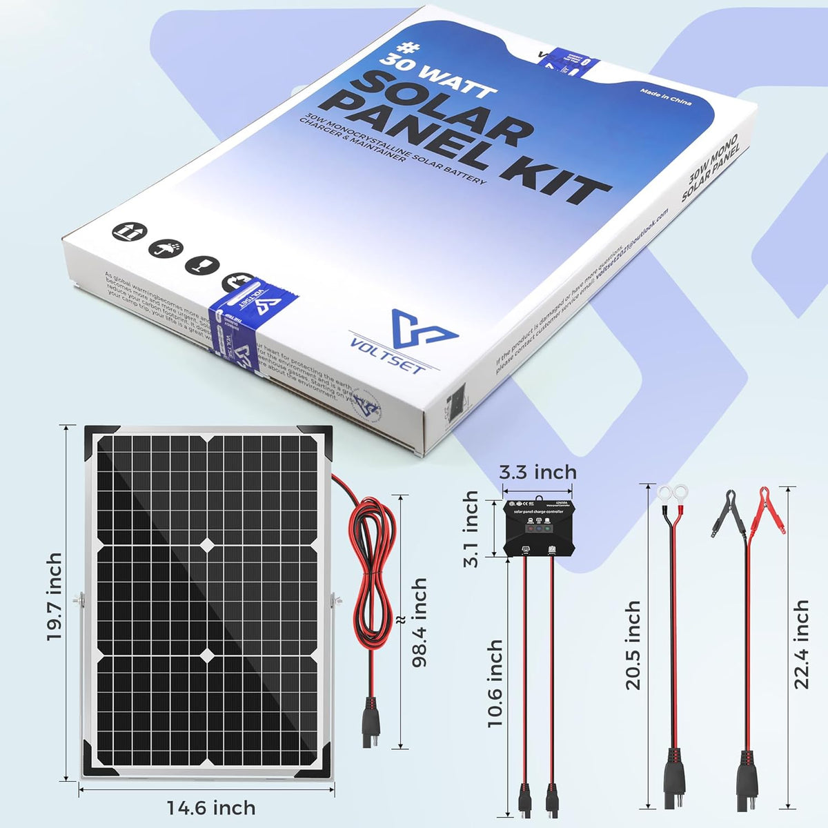 Solar Panel Kit 30W 12V, Solar Battery Trickle Charger Maintainer, Waterproof Solar Panel + Upgrade Charge Controller + Adjustable Mount Bracket for Boat RV Motorcycle Marine