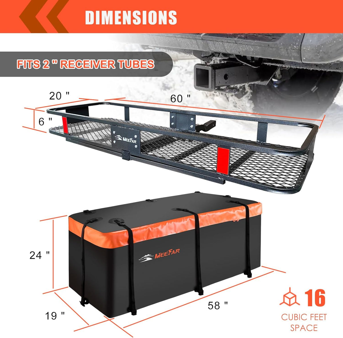 MeeFar Folding Hitch Mount Cargo Carrier Basket 60" X 20" X 6"+Waterproof Cargo Bag 16 Cubic Feet(58" 19" 24"),Hauling Weight Capacity of 500 Lbs and A Folding Arm.with Hitch Stabilizer,Net and Straps