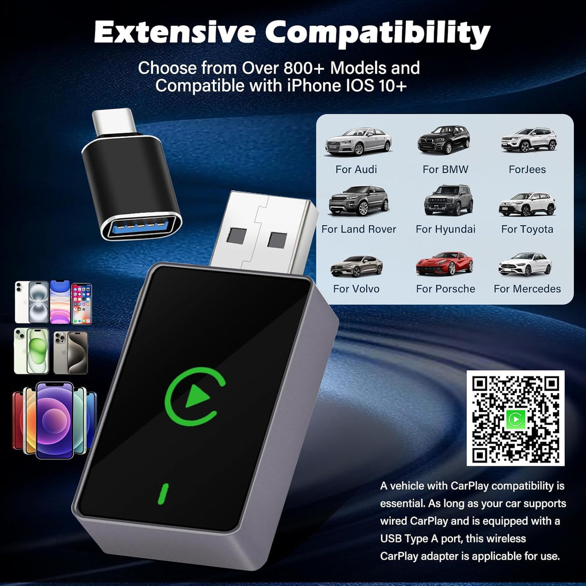 Wireless CarPlay Adapter for iPhone – Upgraded Version, Converts Wired CarPlay to Wireless, USB-C Port, Works with iOS 10+