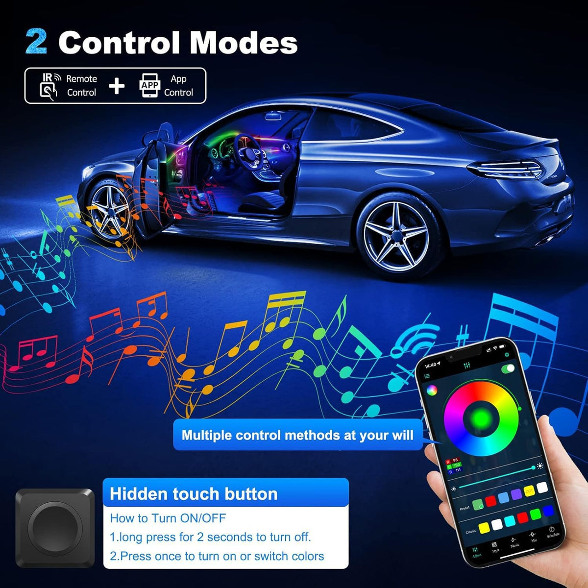 Acrylic Interior Car LED Strip Light with Wireless APP, RGB 6 in 1 with 175 inches 593 LEDs Fiber Optic Ambient Lighting Kits, 16 Million Colors Sound Active Function Car Neon Lights
