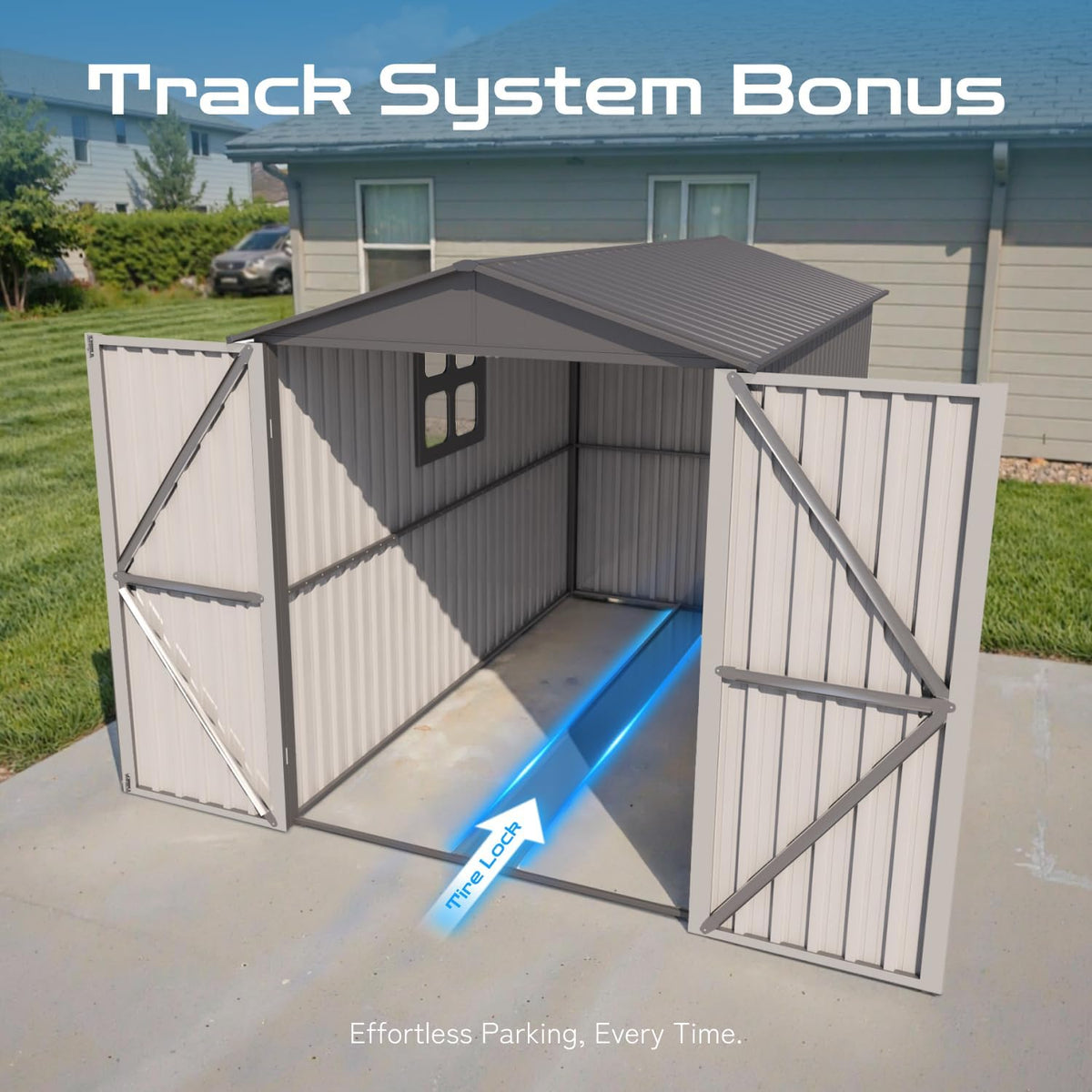 5’ x 10’ Motorcycle Storage Sheds, Metal Shelter & Garage with Windows and Lockable Door Handle, Heavy Duty Vehicle Shed for All Weather, Track System Included, Anthracite with White Trim