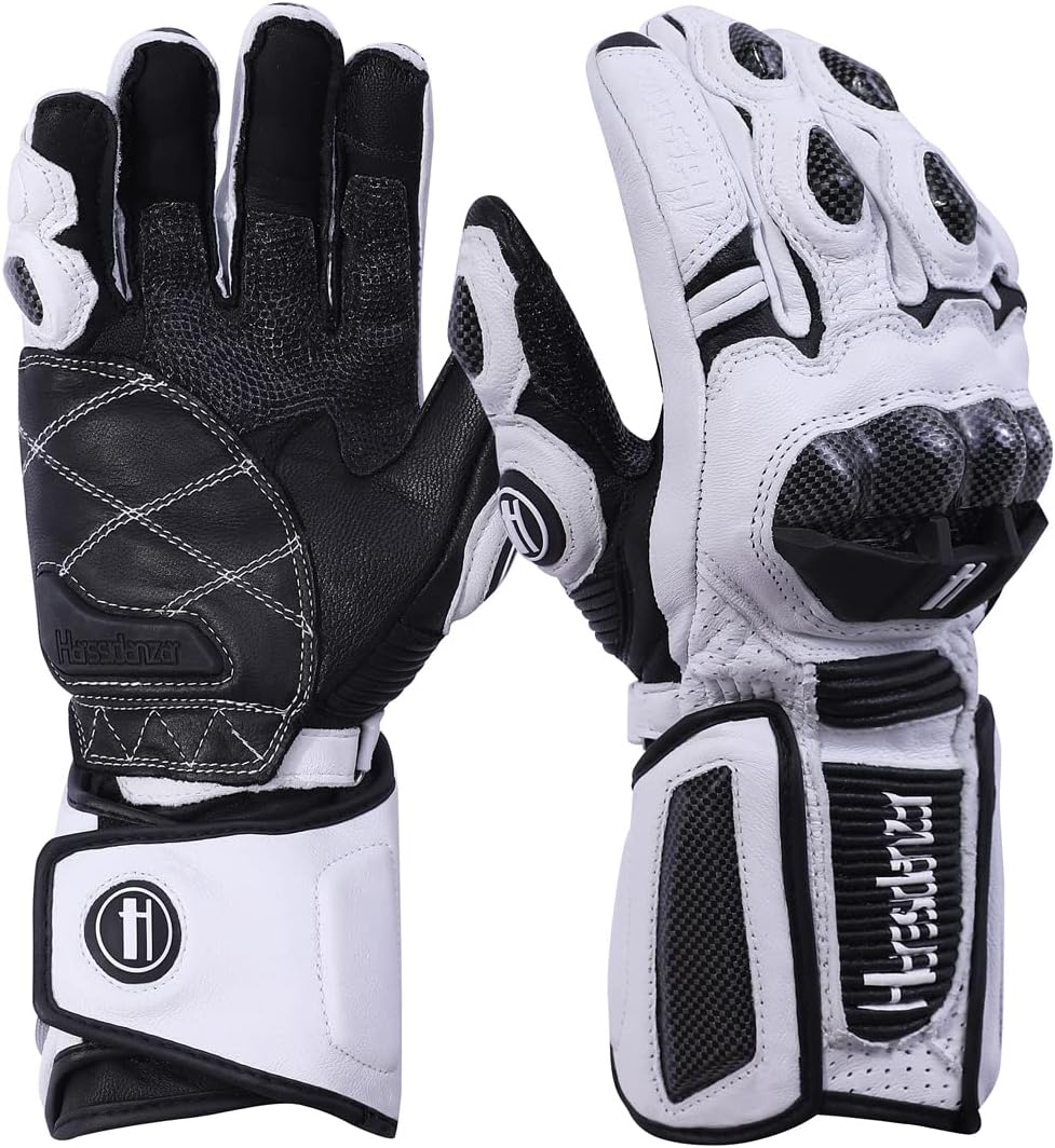 Harssidanzar Leather Motorcycle Gloves for Men and Women,Powersports Carbon Fiber Knuckle Protection Motorbike Gloves KM045