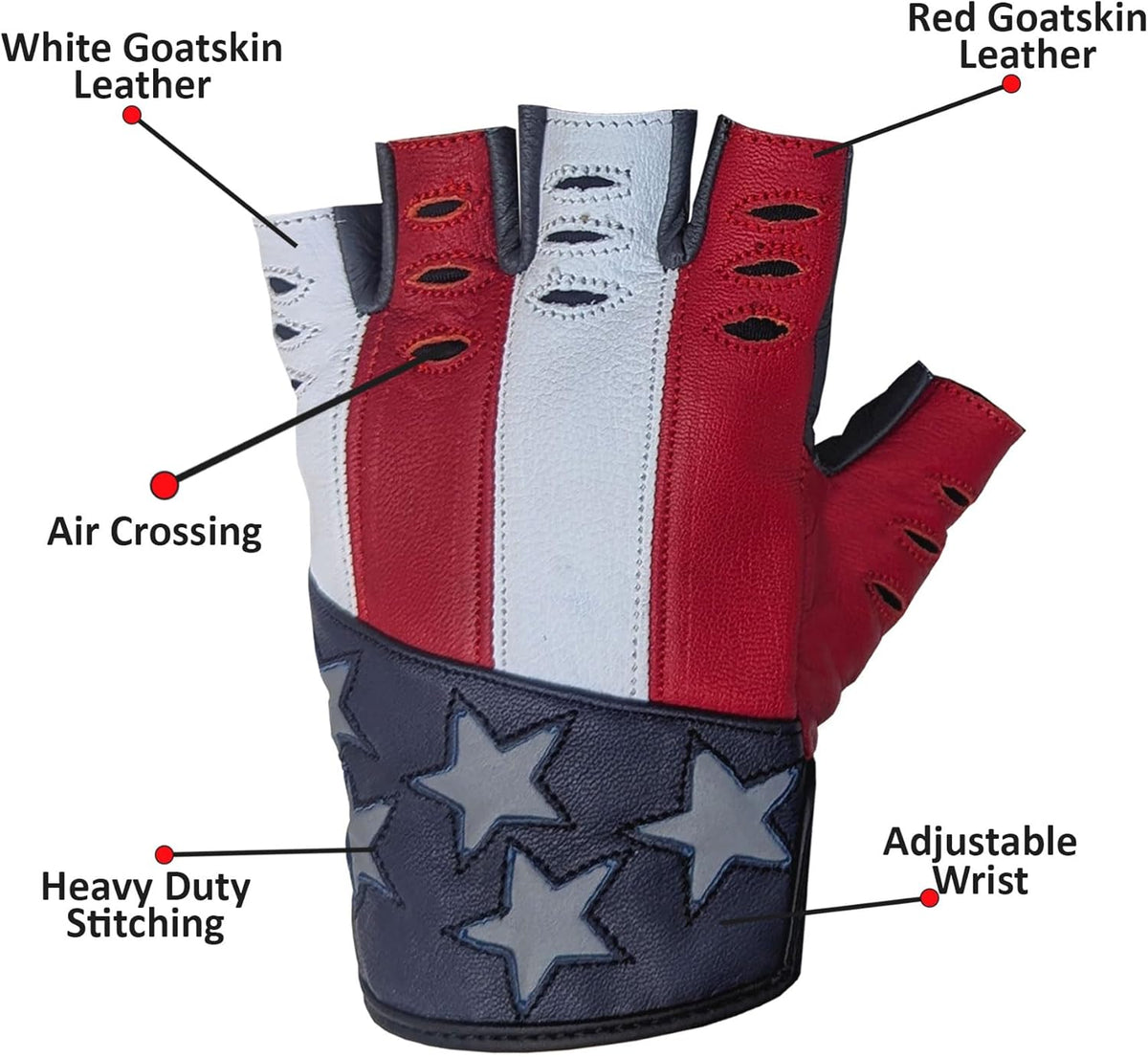 Hugger American Flag Fingerless Leather Gloves for Men – Motorcycle Biker Gloves with Air Crossing Feature – Comfortable Goatskin Glove for Riding, Driving, Gym & Work