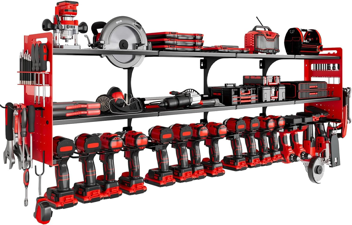64" Power Tool Organizer Wall Mount, 16 Slots, 3-Tier Drill & Cordless Tool Storage Holder with Pegboard Sides, Tool Wall Organizer for Garage & Workshop Red