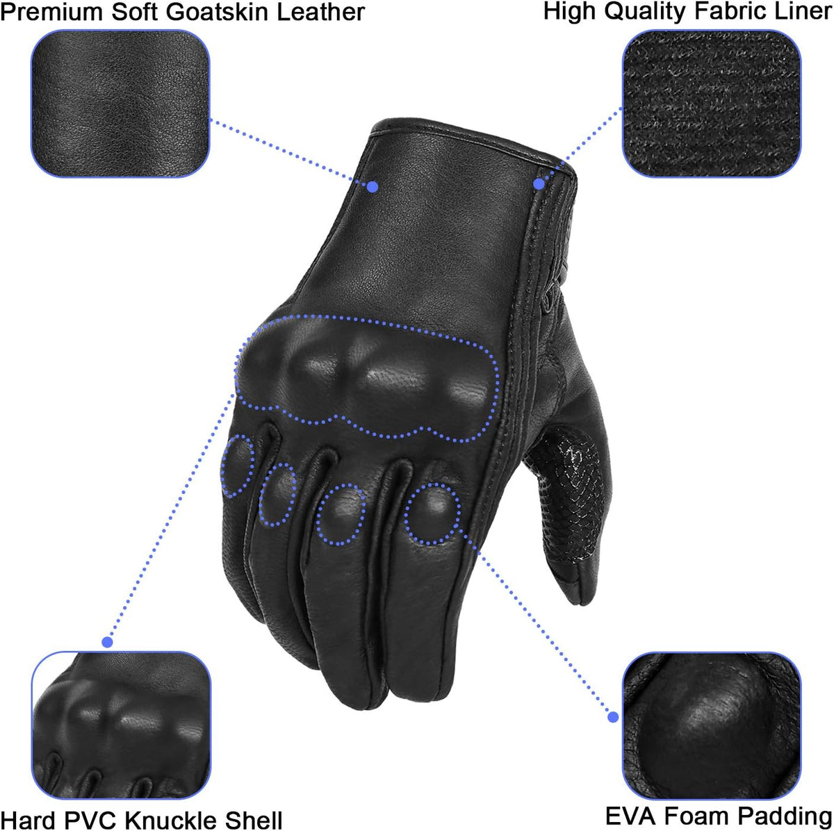 Updated Men’s Goat Skin Leather Motorcycle Gloves Touchscreen Knuckle Protector Motorcross Racing Gloves (Updated,Non-Perforated, XL)