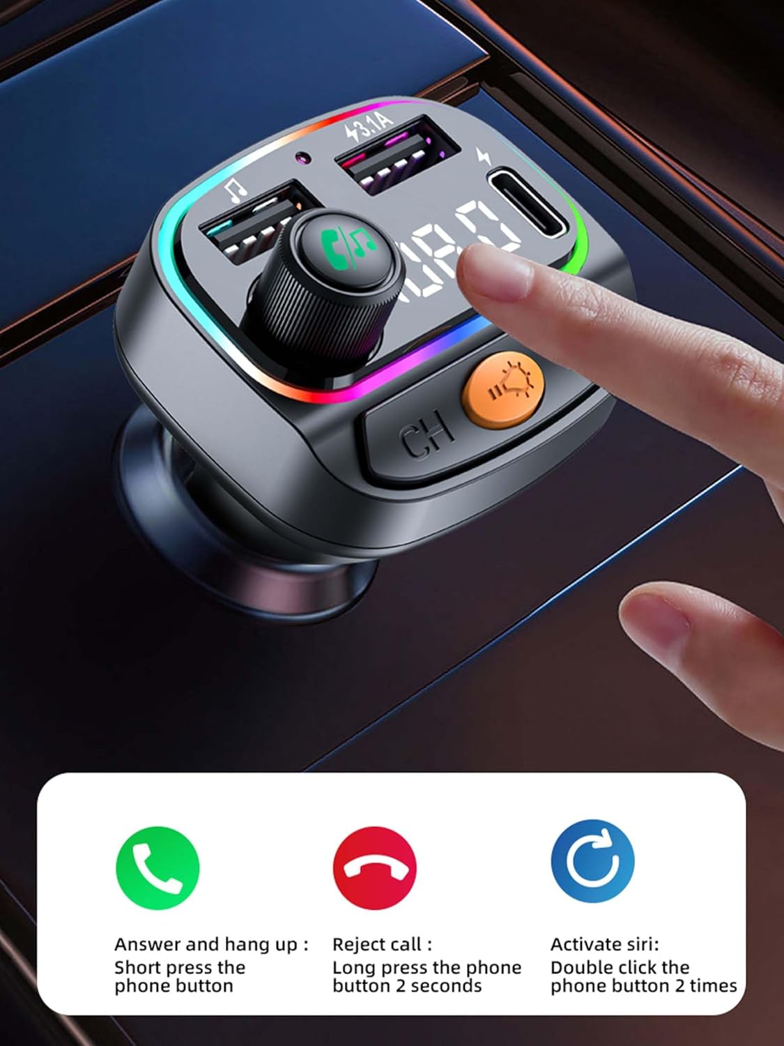 Bluetooth 5.3 FM Transmitter for Car, Wireless Car Charger with 7-Color RGB Breathing Light, Hi-Fi Sound Quality & Hands-Free Calling, Fast Charging, USB/UMP3 Play, Universal Fit for iPhone Android