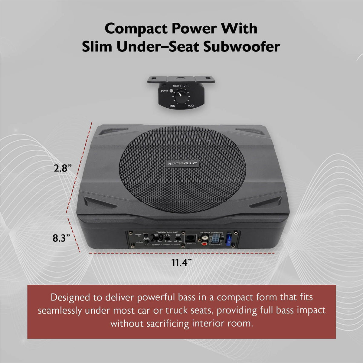 Rockville SS8P 400W 8" Slim Under-Seat Active Subwoofer, High-Level Inputs, Cast Aluminum Enclosure, for Car/Truck Audio Systems