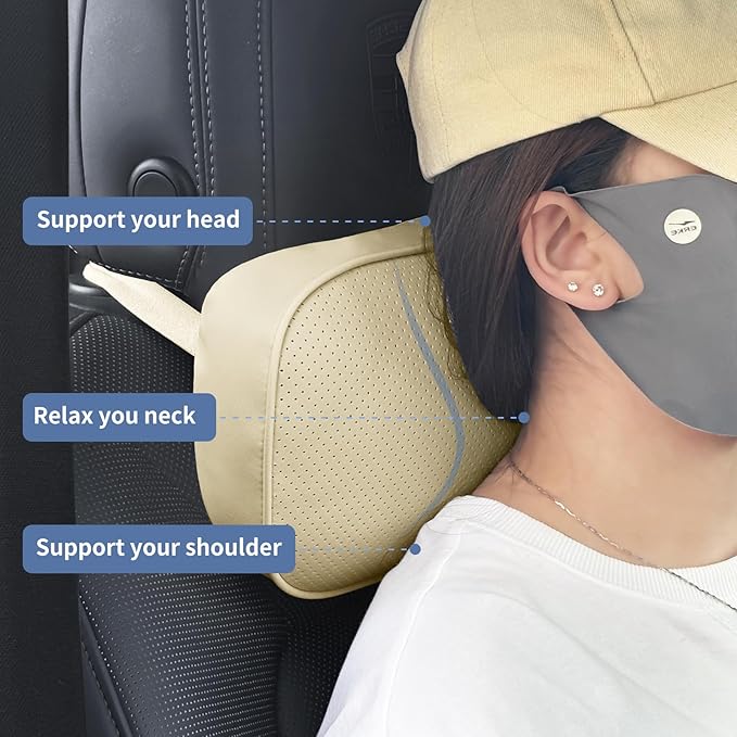 Car Neck Pillow for Headrest, 2 Pack PU Leather Car Headrest Pillow for Neck Support, Super Soft Ergonomic Du-Pont Bio Cotton Travel Pillow with Adjustable Strap (Beige, Shaped Style)