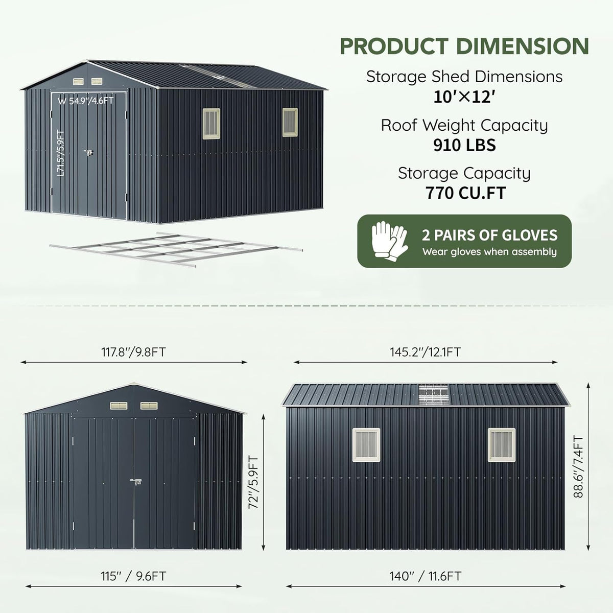 10x12 FT Outdoor Metal Storage Shed with Floor Frame, Double Swing Doors, 2 Clear Windows, Replaceable Skylight Roof Panel, Tool Shed for Garden, Patio, Backyard