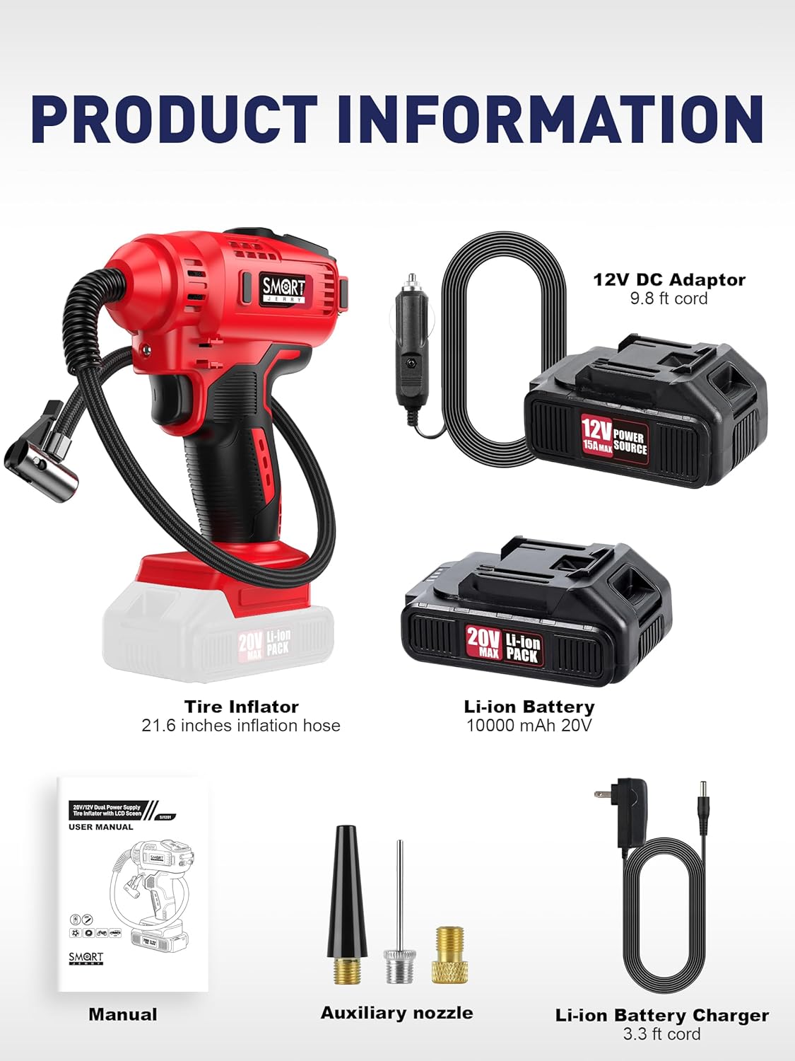 SMART JERRY - Car Tire Inflator Portable Air Compressor | 20V/12V Dual-Power Cordless Air Pump with 150 PSI Max Pressure & Smart Auto-Stop | Fast Inflation for Cars, Motorcycles, Bikes, Sports Balls