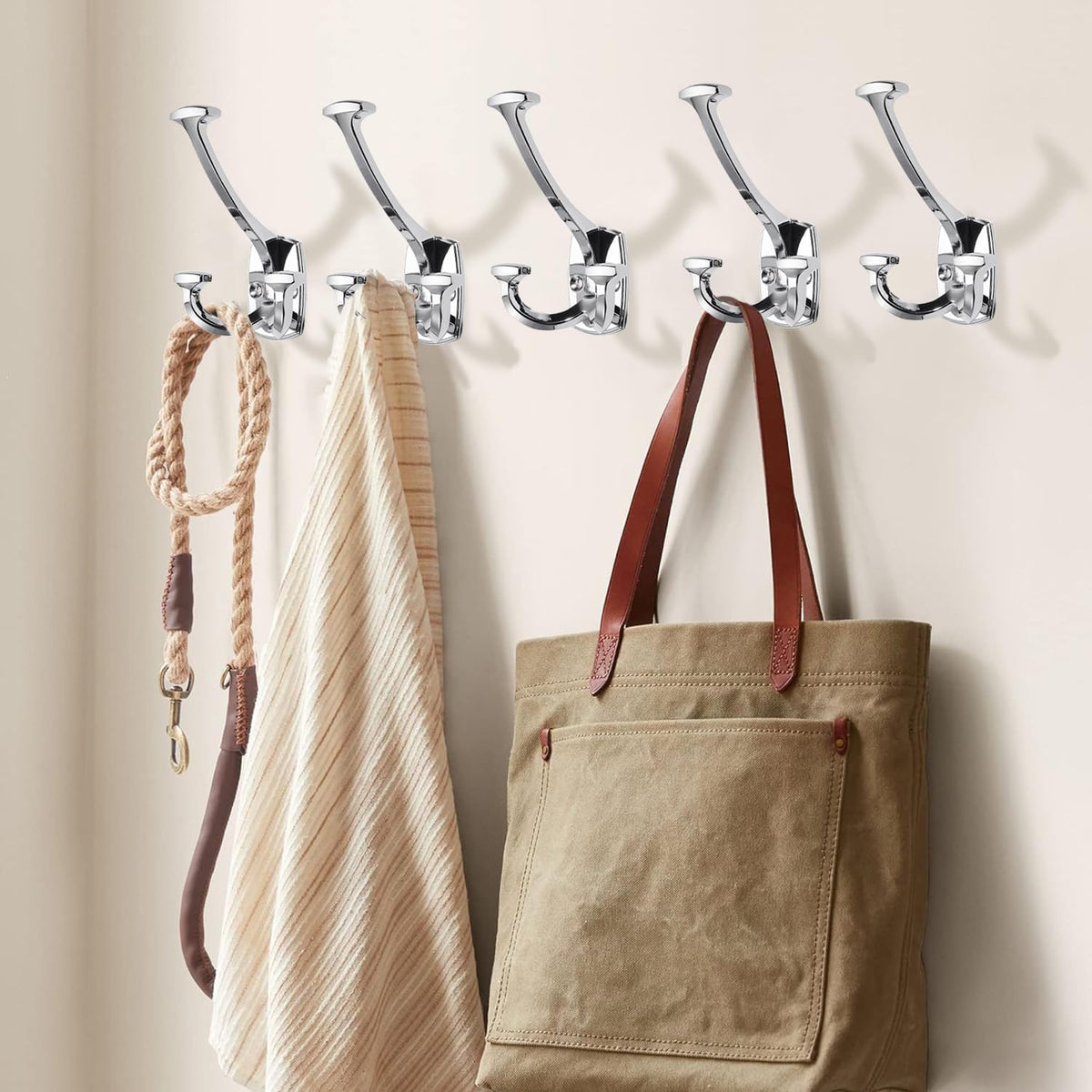 Large Wall Double-Sided Hook 2 Pack Polished Chrome Hook Decorative Heavy Duty Solid Large Coat Hooks for Towel Hanging Coats Robe Towel Bags Door Back 2 Prong Hooks