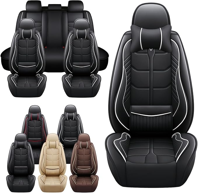 Leather Car Seat Covers Fit for Toyota Sienna 1997-2024, 5 Seater Car Seat Cover, Premium Waterproof, Scratch Resistant Car Interior Accessories (Full Set with Pillow Black White)