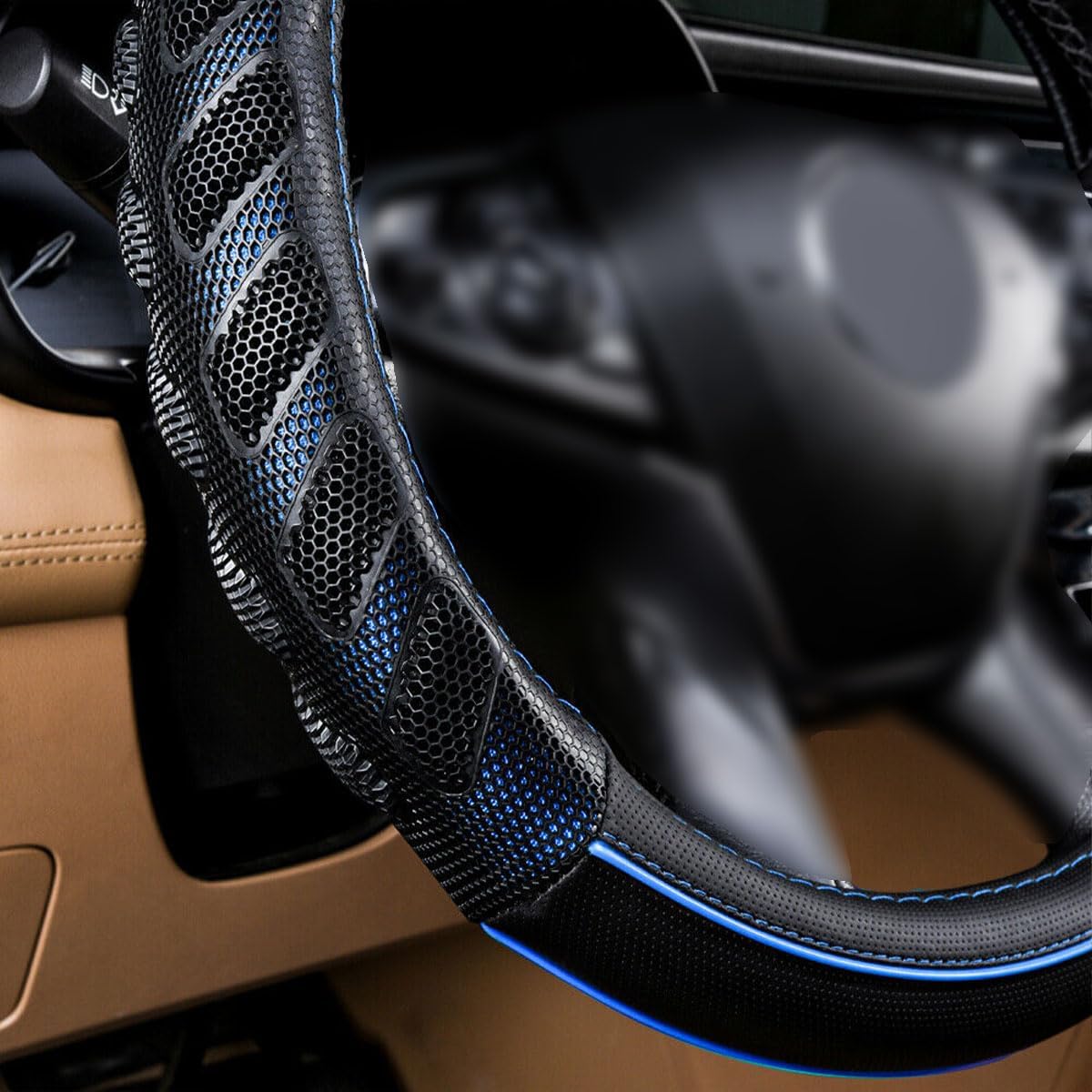 Flying Banner car Steering Wheel Cover Faux Leather Massage Universal fit 3D Honeycomb Hole Anti-Slip Sporty 15 Inches (Blue Black)