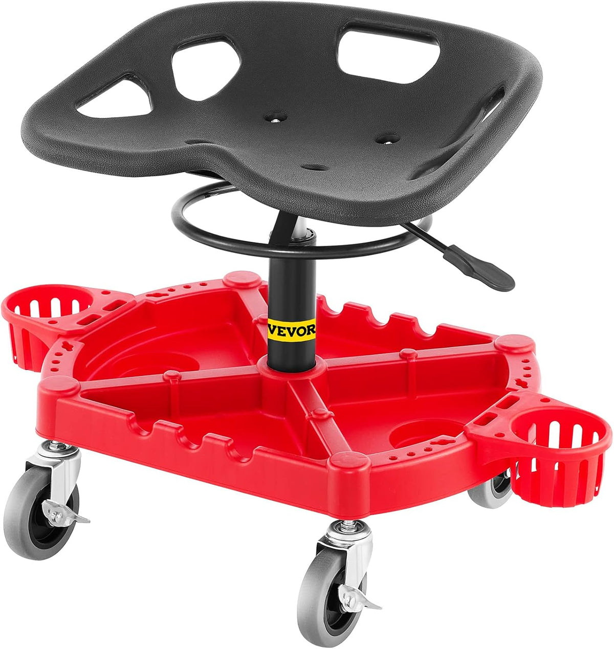 VEVOR Rolling Garage Stool, 300LBS Capacity, Adjustable Height from 18 in to 23 in, 360-degree Swivel Wheels (4"), Large Tool Tray with Two Bottle Holder, for Workshop, Auto Repair Shop, Red
