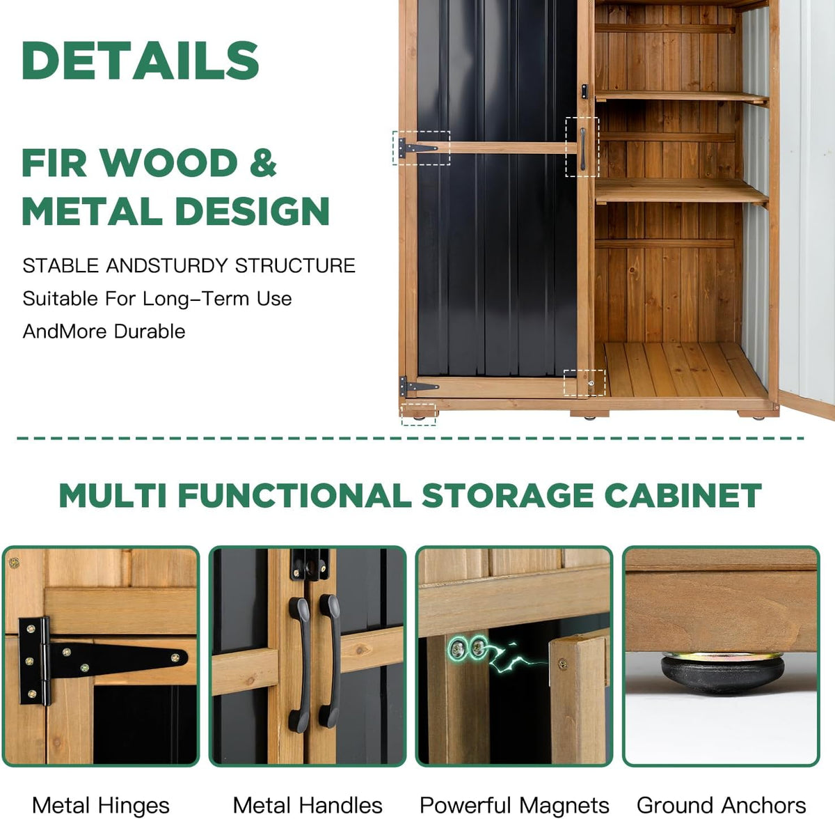 Outdoor Storage Cabinet Waterproof with Shelves, Outdoor Storage Shed Garage Cabinet Weatherproof, Wood & Metal Outside Patio Backyard Garden Pool Storage Tool Organizer