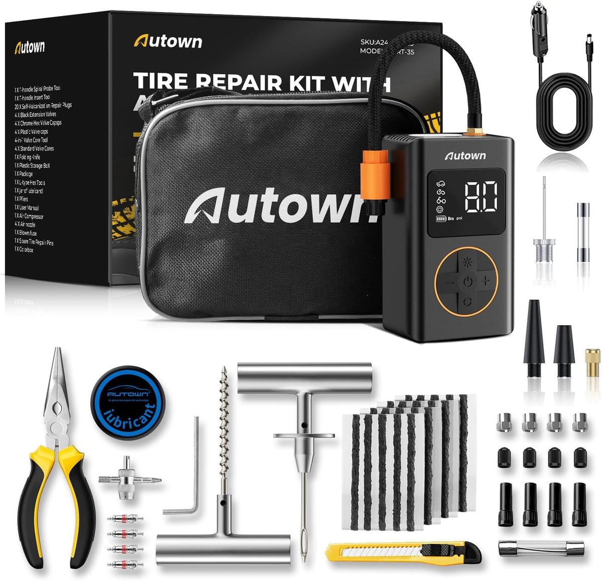 Flat Tire Repair Kit with Air Compressor 54 Pieces for Car, Motorcycle, ATV, Jeep, Truck, Tractor Flat Tire Repair (54PCS)