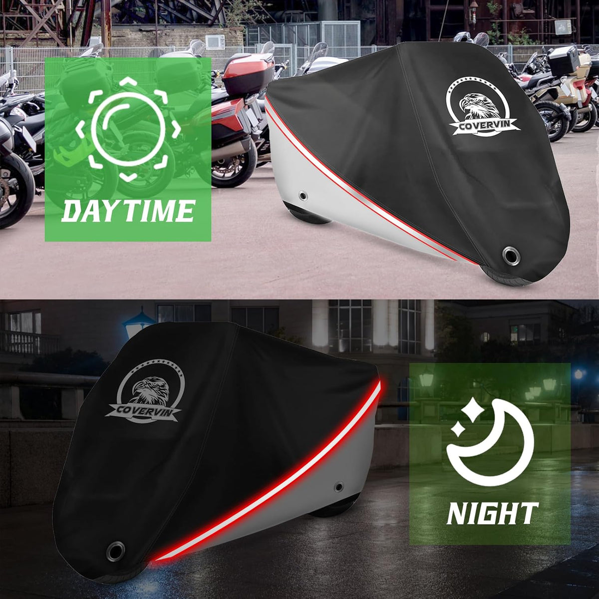 COVERVIN Motorcycle Cover, All Weather Outdoor Waterproof Night Protection with Reflective Strips, Locking Holes and Storage Bag for 96 Inch Suzuki, Kawasaki, Honda, Harley-Davidson(Silver XL)